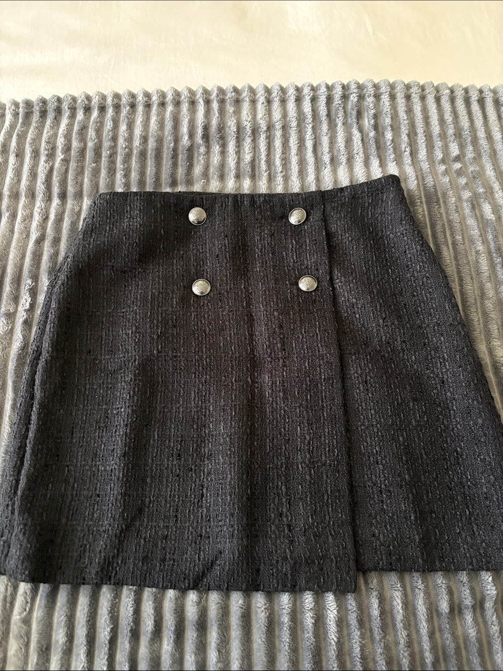 LOFT Black Tweed Mini Skirt with Decorative Silver Buttons